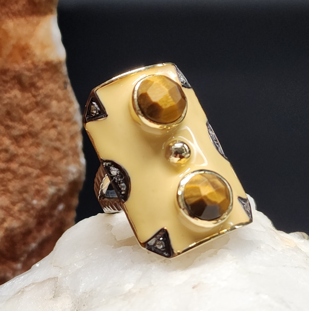 Solid Sterling Silver 925/18k Gold Massive Ring Raw Diamond/Tiger Eye Stone